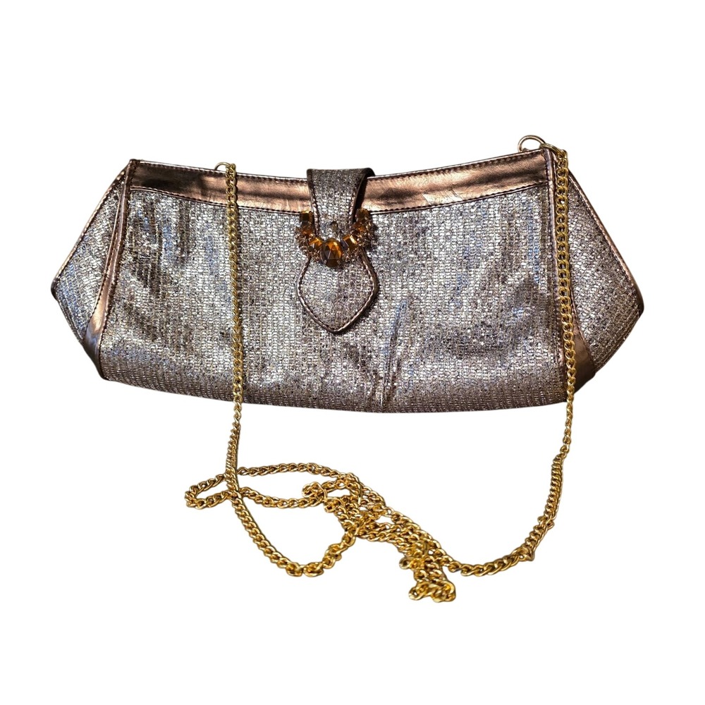 Vintage J Renee Sparkle Glitter Clutch‎ Chain Evening Bag Rose Gold Metallic